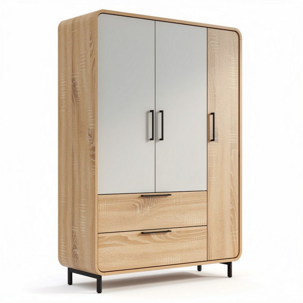 Armario de madera natural con acabados en blanco y dos cajones 100 x 60 x 180cm