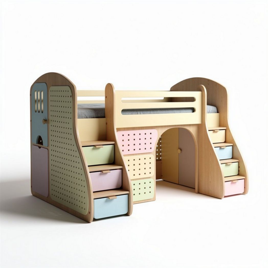 Cama loft infantil de madera con escaleras y almacenamiento en colores pastel 150 x 90 x 120cm